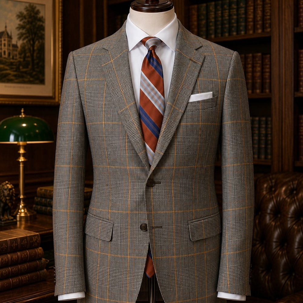 Isaia 90% Cashmere Modern Glen Plaid Suit with a Private Label Tie (included)
